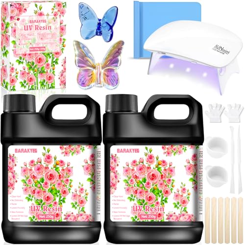 BARAKYEG 500g UV Harz Klar,2pcs UV Harz,Upgrade UV Resin Hart,kristallklares Transparentes,Schnelle Aushärtung,UV Epoxidharz für DIY Kunst,Schmuck,Handwerk,Basteldekoration,UV Resin Set mit UV Lampe