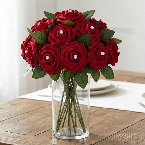 Image of 100Pcs Real Looking Burgundy with Diamonds Artificial Rose Flower Heads, Foam Fake Roses for DIY Wedding Decorations Baby Shower Centerpieces Home Party Valentine's Day Mother's Day Decor
