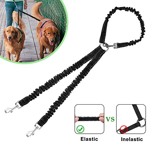 Cocopet [New Version] Heavy Duty Sturdy 3 Way Nylon No Tangle Bungee Dog Pet Coupler Leash Reflective, Adjustable No Pull Elastic Three Way Dog Trainnig Coupler, Jet Black #TOP2