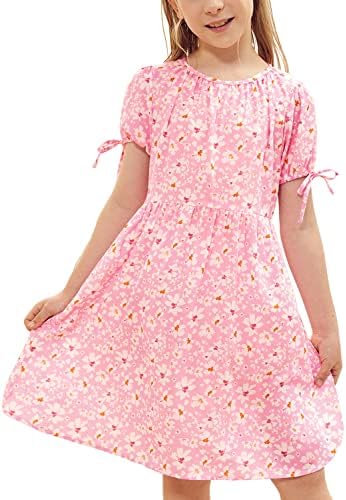 simtuor Girls Short Sleeve Floral Dress Kids Casual Tie Knot Cuff Summer A Line Midi Dresses 4-13 Years Pink