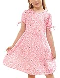 simtuor Girls Short Sleeve Floral Dress Kids Casual Tie Knot Cuff Summer A Line Midi Dresses 4-13 Ye