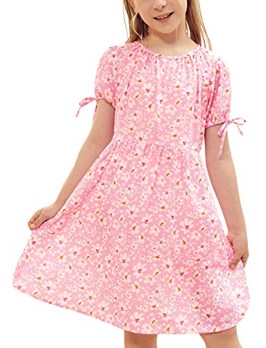 Simtuor Girls Short Sleeve Floral Dress Kids Casual Tie Knot Cuff Summer A Line Midi Dresses 4-13 Years Pink #TOP3