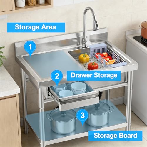 Image of 39 inch Stainless Steel Freestanding Utility Sink with Workbench & Drawer | Workbench Included, Built-In Drawer, Freestanding Design, Stainless Steel, 99 cm Wide
