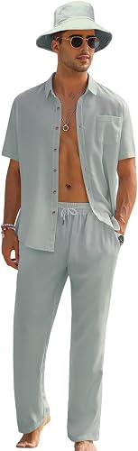 EISHOPEER Men Linen Sets Outfits 2 Piece Beach Wedding Shirts Casual Loose Pants