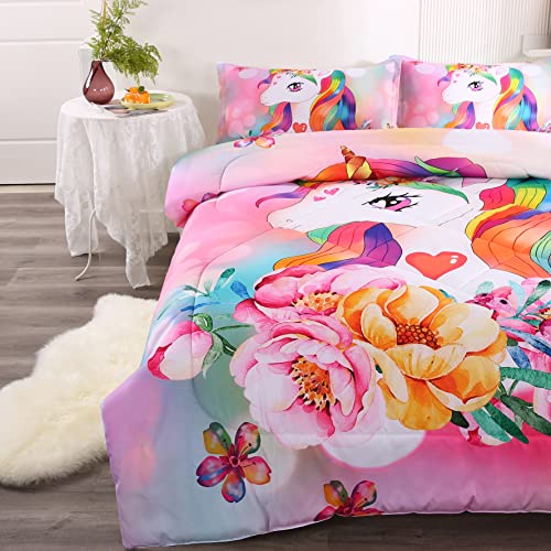 Adasmile A & S Unicorn Comforter Twin Size For Girls Cute Unicorn Kids Bedding Set Floral Printed Unicorn Quilt With Rainbow Hair For Kids Teens 3 Pieces Unicorn Bed Set With 2 Unicorn Pillowcases #TOP7