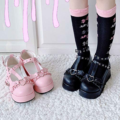 Image of CELNEPHO Womens Mary Jane Shoes for Women, Sweet Bow Round Toe Ankle T-Strap Lolita Goth Platform Dress Pumps Shoes Oxfords B-Pink