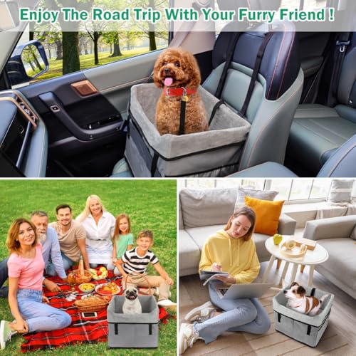 Vivifying Hunde Autositz - Hundesitz Auto Rückbank, Sicherer und Stabiler Autositz Hund mit Gurtbefestigungshaken und Plüschkissen für Hunde bis 11 kg 41x33x36 cm (Grau)