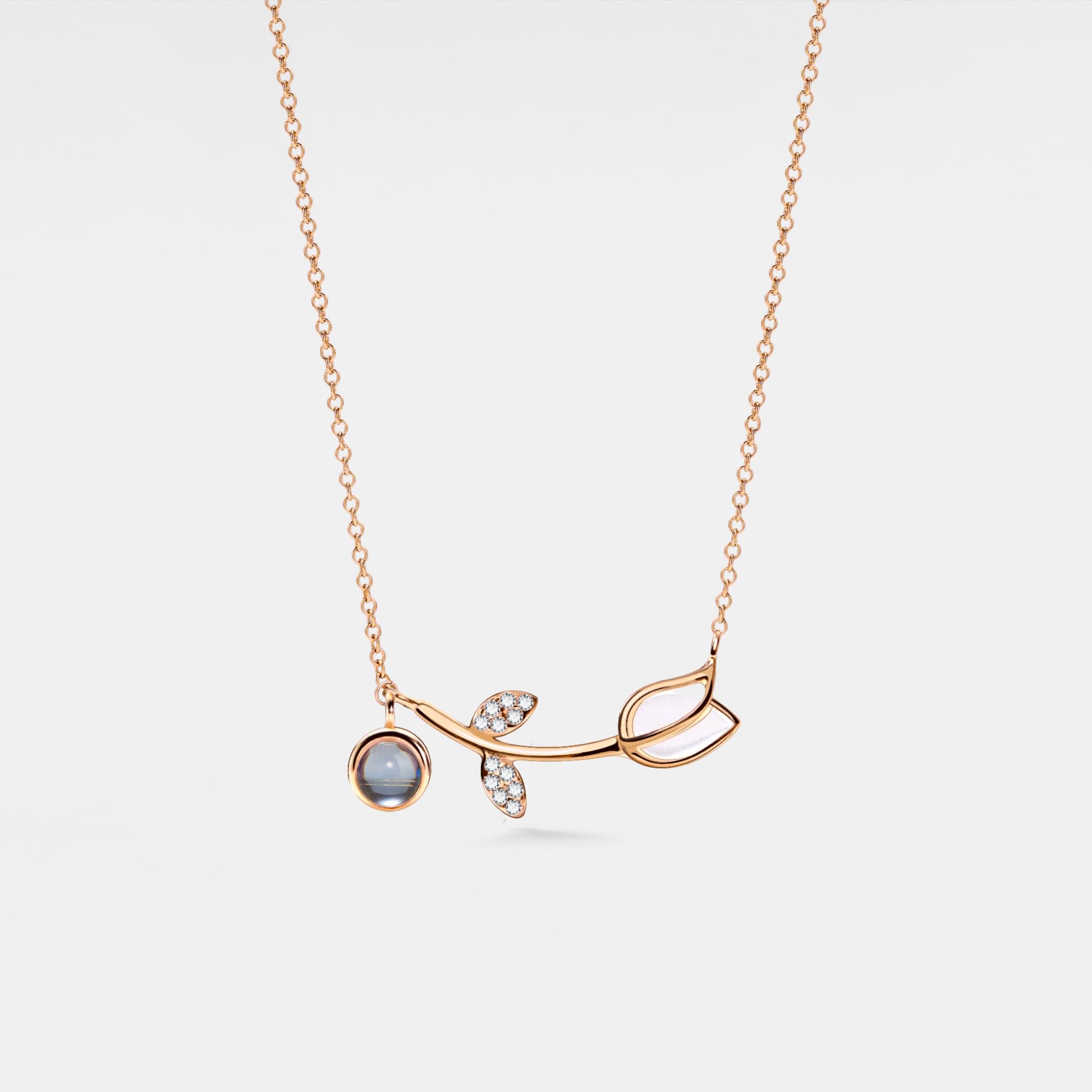 PERIMADE Collana con proiezione di immagini personalizzate con ciondolo a forma di tulipano opale, testo personalizzato e amore in 100 lingue CZ Memorial Charm Collana regalo di compleanno di Natale