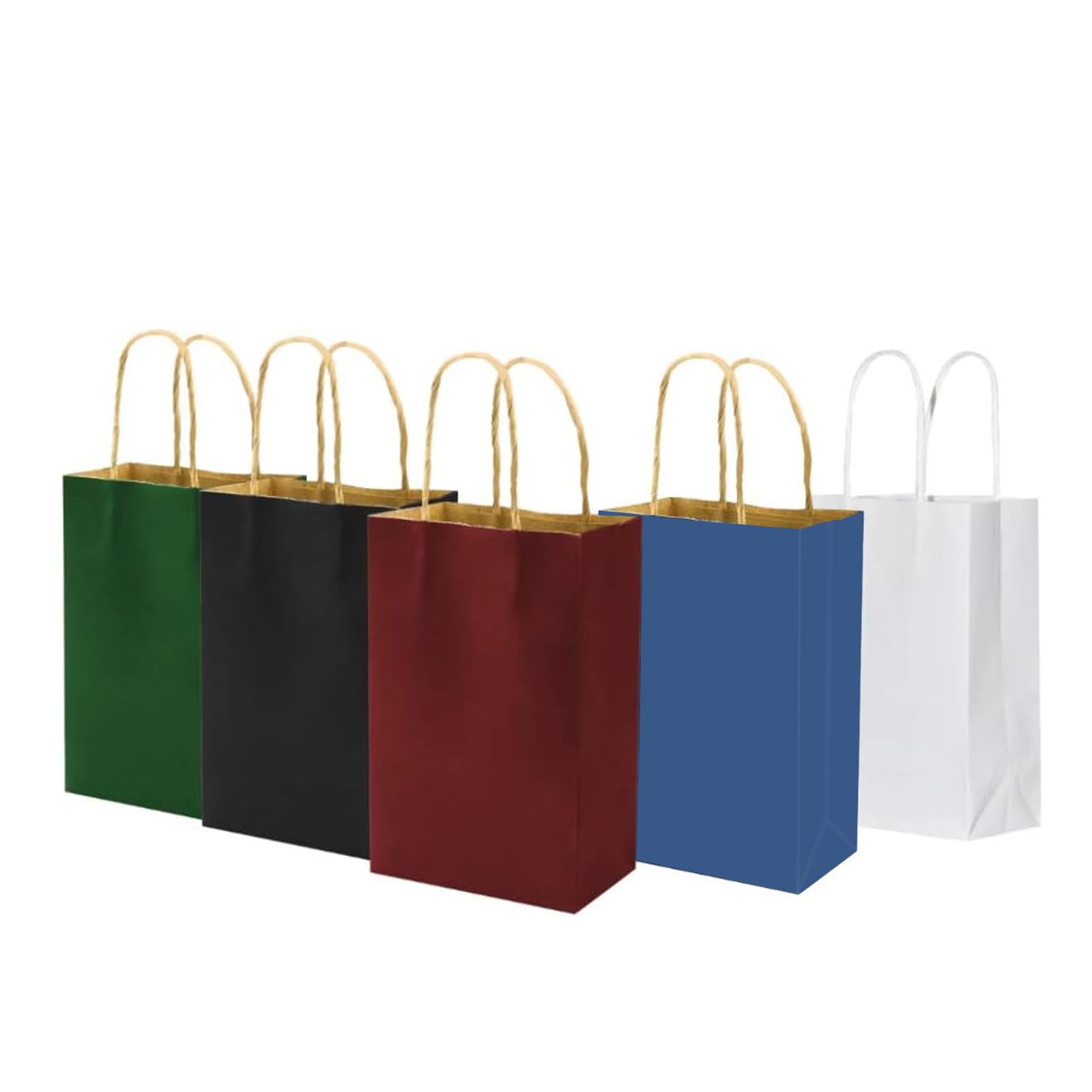 100 Pack Multicolor Small Color Gift Bags with Handles Bulk, 5.25x3.25x8 Inch White/Black/Green/Blue/Red Each 20pcs, bagmad Kraft Party Favors Grocery
