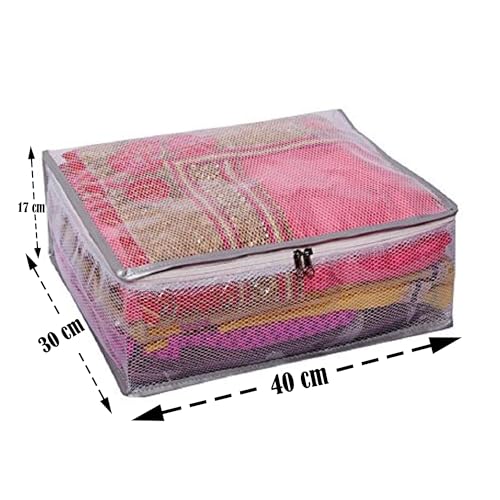 Image of Kuber Industries Polyvinyl Chloride Pack of 4 Saree Cover | Dress Packing Bags with Zip | Saree Pouches for Storage | Clothes Organizer for Wardrobe | Silver Lace | Transparent, 40cm, 30cm