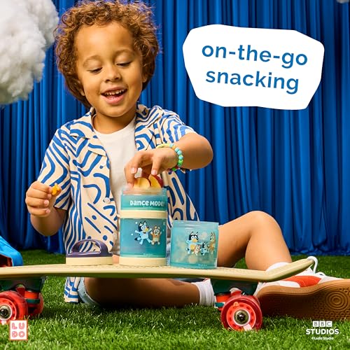 Image of Whiskware Bluey Stackable Snack Containers for Babies, Toddlers, and Kids, 3 Stackable Snack Cups for School and Travel, Cupholder Friendly, Bluey, Bingo, Bandit Heeler, and Chilli, Dance Mode!