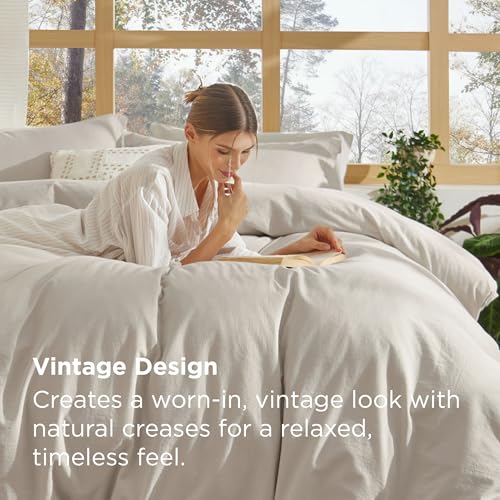 Bedsure 100% Stone Washed Cotton Duvet Cover King - Light Greige Minimalist Cotton Duvet Cover Linen Like for All Seasons - GentleSoft™ Plain Simple Bedding (Light Greige, King, 104"x90")