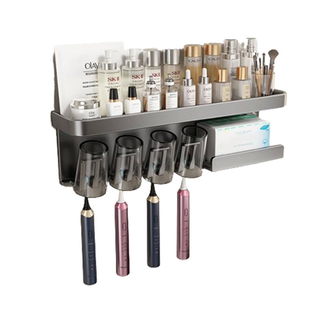 Zahnbürstenhalter Wand Ohne Bohren,Zahnpastaständerhalter,Papierhandtuchhalter,Toothbrush Holder 4 In 1,Großer Kapazität Zahnbürsten Halter Badezimmer Organizer & Aufbewahrung,Grau,4 Cups