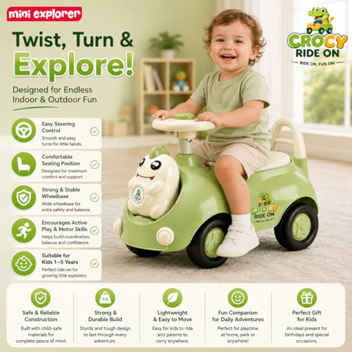 Image of MiniExplorer Crocsy Wiggle Car for Kids Age 1-5 Years, Twisting Swing Magic Car with Silent Wheels, Anti-Rollover Ride On Toy for Boys & Girls, Shockproof Yoyo Car - Green