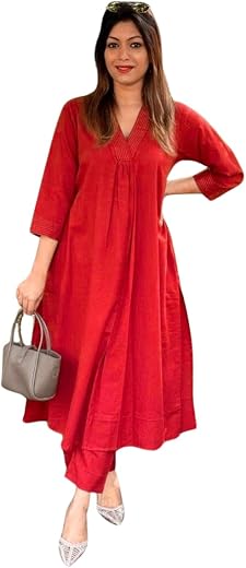 Krafiya Women's Cotton Plain Coard set A-Line Straight Kurti With Pant