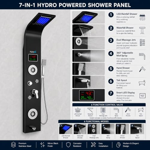 Image of RUVEL Shower Panel - Sayflow with 7-in-1 Hydro Powered LED Display, Rainfall Shower Head, Waterfall Shower, Dual Body Massage Jets, 360 Adjustable Mist Spray, Handheld Shower, Tub Spout