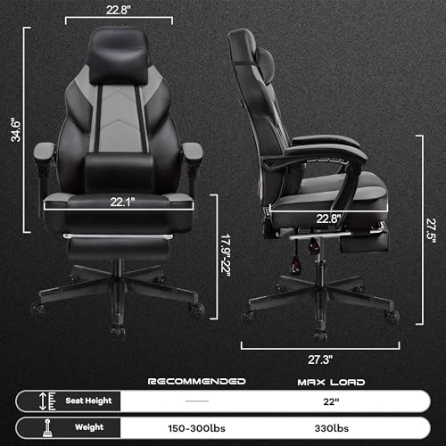 Meilocar Grey Gaming Chair with Footrest and Massage Support