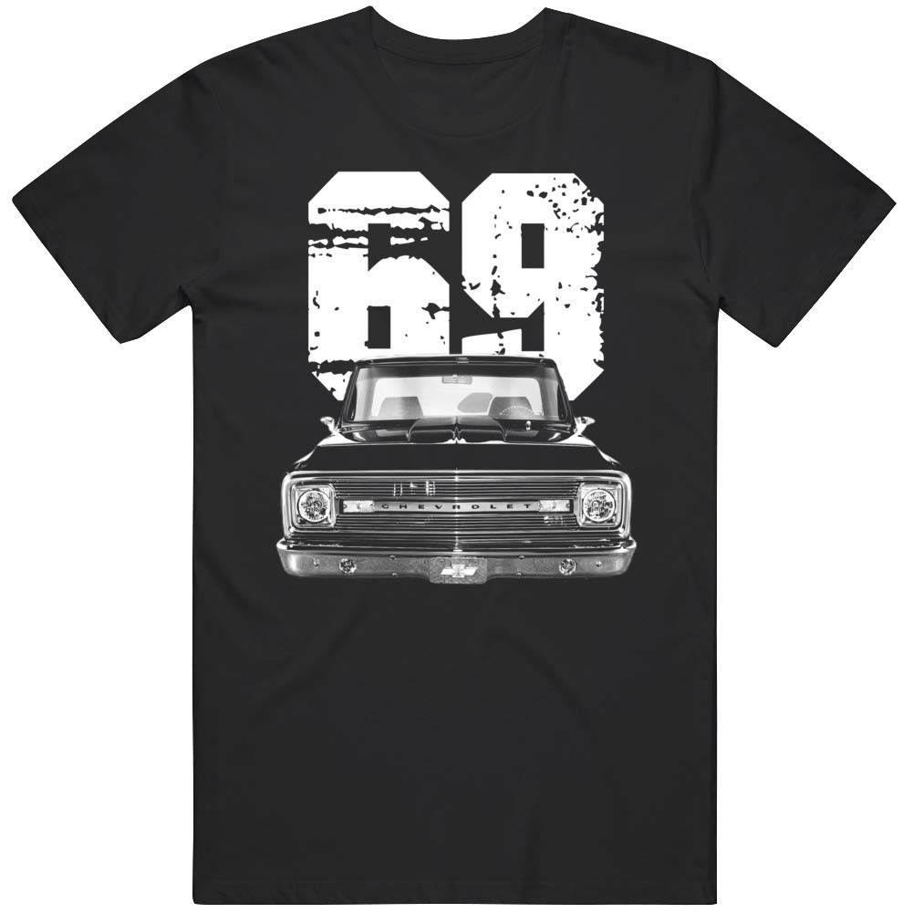 1969 Chevy C10 Front View Silhouette with White Year T Shirt XL Black