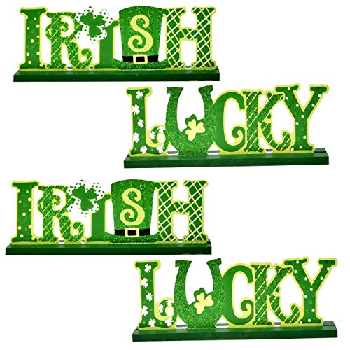 Gift Boutique 4 St Patrick's Day Wooden Decorations for Table Topper Decor Glitter Shamrock Lucky and Irish Wood Home Figurines Saint Patrick Centerpiece for Office Desk Shelf Mantle Party Tabletop