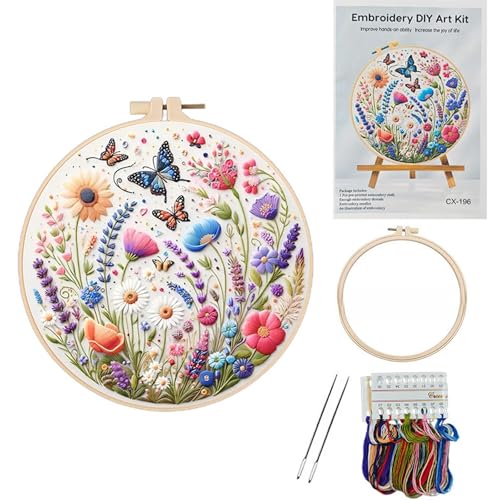 DiiWmme Beginner Embroidery Kit for Adults and Kids, Complete Starter Set with Step-by-Step Instructions, Hoop, Threads and Patterns to Learn Easy DIY Embroidery for The First Time (Butterfly Flower)
