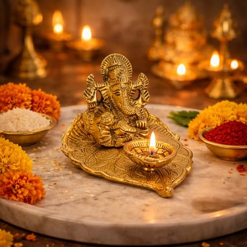 Image of CraftVatika Ganesha Idol with Diya Stand, Ganesha Diya with Gift Box, Festival Return Gift for Woman Diwali Wedding Anniversary Event Housewarming Gifts for Ladies Guest, Family,Home Decoration Items