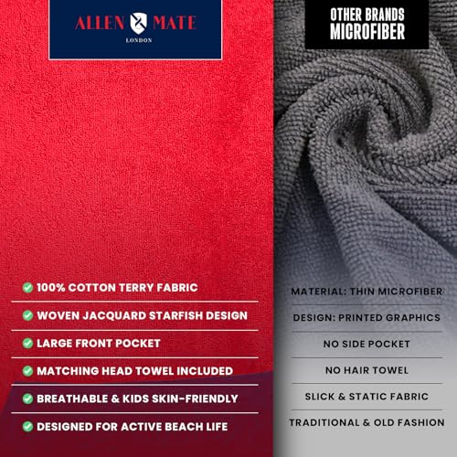 Image of ALLEN & MATE 100% Cotton Kids Hooded Surf Poncho Changing Robe, Quick Absorbent Wearable Swim Towel Boys & Girls, 6-13 Years