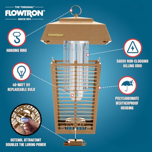 Image of Flowtron Bug Zapper, 1 Acre Outdoor, 40W UV Bulb, 5600V Zap Grid, Tan | Protects yards, patios, and farms - octenol lure attracts and helps eliminate mosquitoes, flies, and gnats - ETL certified