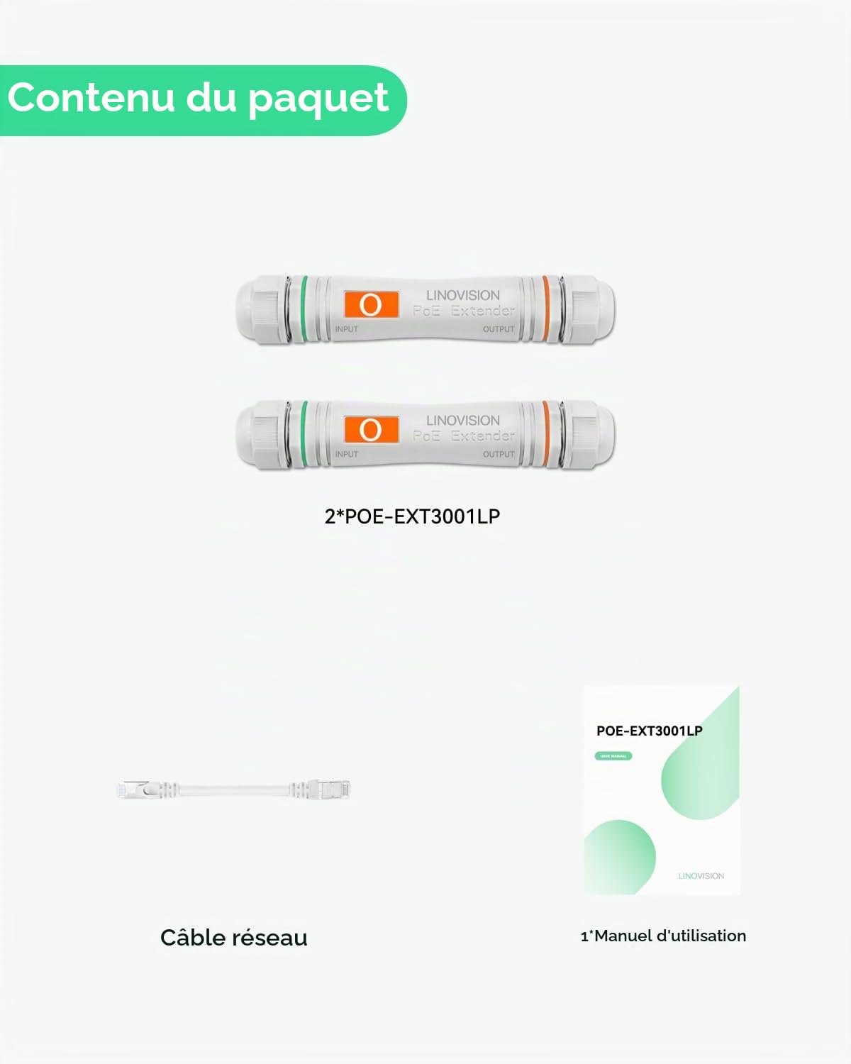 LINOVISION Extension PoE externe longue distance, transmission de données et puissance jusqu'à 800 m sur Cat5E/Cat6 IEEE 802.3af/at, extenseur/répéteur PoE étanche pour téléphone VoIP (2 Packs)
