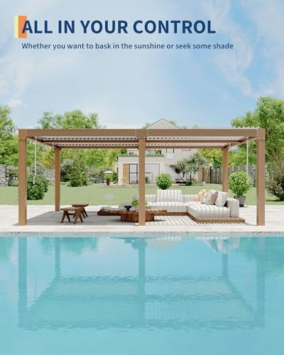 Image of GarveeLife Louvered Pergola 10 ft x 20 ft, Outdoor Pergola with Adjustable Louvered Roof, Reinforced Aluminum Frame, Integrated Drainage System, Hardtop Gazebo for Patio, Deck, Wood Grain