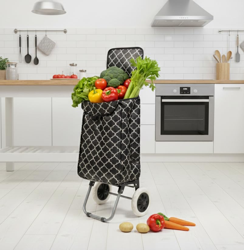 Image of KriShyam Foldable Shopping Trolley Cart with Pattern Design | Large Capacity Grocery Cart with Wheels | Durable Fabric Utility Cart | Lightweight Portable (2 WHHEL Black (Geometric Print))