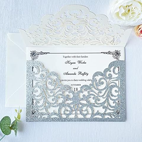 KUCHYNEE 5.1 x7.1 inch 50PCS Silver Glitter Flora Laser Cut Wedding invitation Pocket with Envelopes Wedding Invitations Kit for Quinceanera Bridal Shower Party Invite Cover