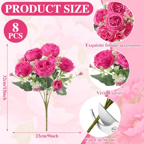 Image of 8 Pack Hot Pink Peonies Artificial Flowers, Fake Silk Hydrangea Bouquet for Bridal Wedding Home Table Decor Reusable Dining Opening Ceremony Birthday Arrangement Faux Floral