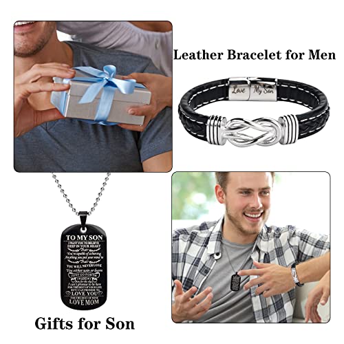 2Pcs To My Son Bracelet Form Mom, Stainless Steel Dog Tag Necklace For Men, Mother And Son Forever Linked Together Braided Leather Bracelet For Son Graduation Birthday Back To School Gift From Mom #TOP5