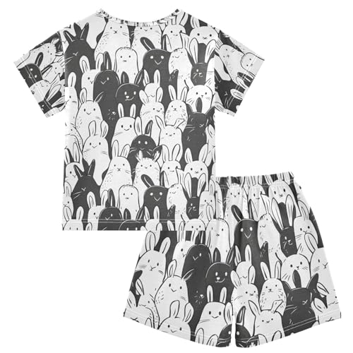 ALAZA Funny White Black Rabbit Pajamas Set Short Sleeve Cotton Sleepwear Summer Pjs 2 Piece 5-14Y2