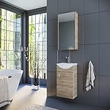 SCHICK & PRAKTISCH: Eleganter, zeitloser Waschbeckenunterschrank im modernen Design. Durch die geräumigen Fächer in der Innenseite des Schranks, lassen sich die Produkte einfach und sauber sortieren. Das Keramikbecken sowie der Spiegelschrank sind ein absolutes Highlight.