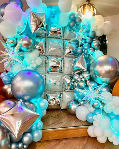Image of 36pcs White and Silver Square Foil Balloons Wall Backdrop with 147pcs Balloon Garland Arch Kit, Double Sided Balloons for Bachelorette Wedding Birthday Engagement Anniversary Party Decorations