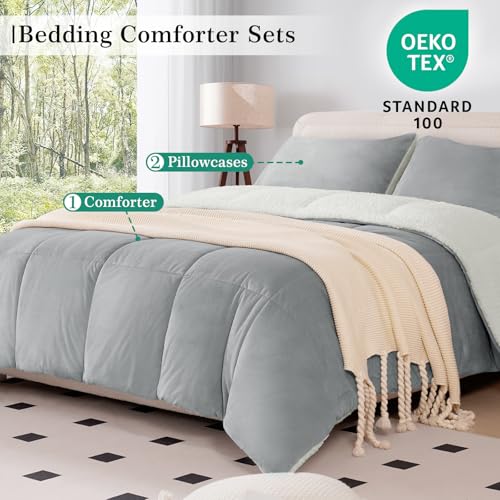 Image of MERITLIFE Fluffy Sherpa Queen Size Bedding Comforter Sets Queen Comforter Set-3 Pieces Bed in a Bag Light Grey Soft Comforter and Pillowcase Luxury Warm Bedding Set for Winter