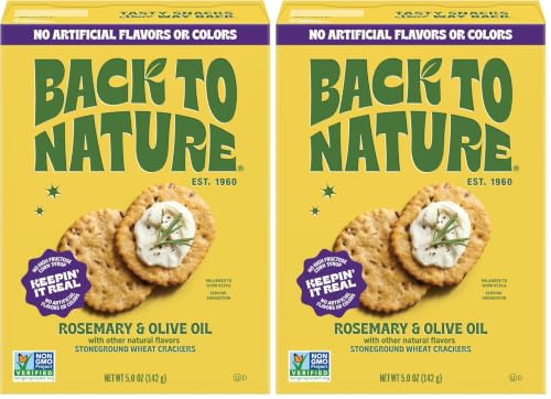 Image of Back to Nature Rosemary & Olive Oil Stoneground Wheat Crackers, Non-GMO, Plant-Based Snack Cracker, Made with Whole Grains & Flax Seed, 5oz Box (Pack of 2)