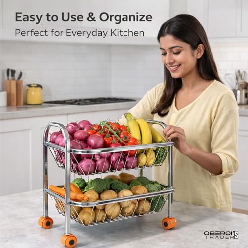 Image of OBEROI'S TRADERS Stainless Steel Vegetable & Fruit Storage Rack with Wheels, Kitchen Storage Basket Organizer, Rust Proof Stand for Onion, Potato, Fruits & Vegetables Trolley (2 Rack)