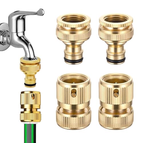 Raheem Schlauchanschluss 1/2 Zoll & 3/4 Zoll Set 4-Stück 2-in-1 Messing Schlauchverbinder Dichtheit Kupplung Kompatibel mit Gardena für Gartenbewässerung & Autowäsche