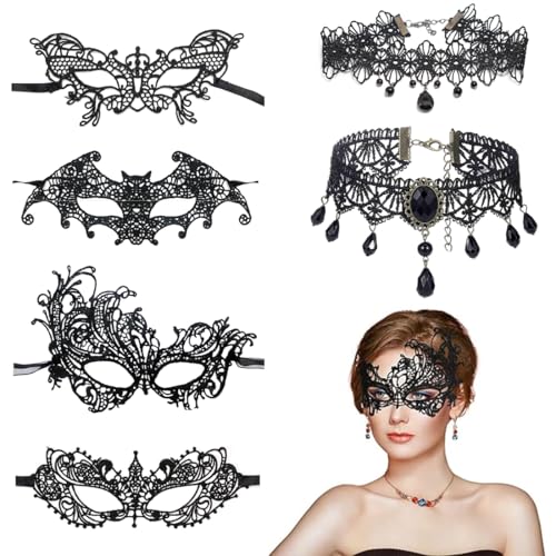 VYZUTR: Sexy Spitze Maske, 4-teilige Venezianische Damenmaske mit 2 Halsketten, Schwarz, Lace Augenmaske für Frauen, Maskerade Maske für Halloween, Karneval, Abendkleid, Tanz, Ball, Party