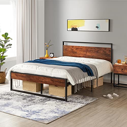 Yaheetech Full Metal Platform Bed Frame With Rustic Wooden Headboard And Footboard, Mattress Foundation/No Box Spring Needed/12 Inch Underbed Storage/Slats Support/No Noise/Easy Assembly, Mahogany #TOP8