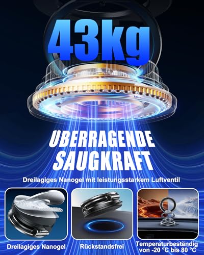 Glangeh Ganzmetall Ultradünne handyhalterung Auto Magnet, [95 LBS starker Vakuum- und Gel-Saugnapf] autohalterung magsafe mit Metallring, 360° verstellbar kfz Armaturenbretterzubehör für Alle Handys