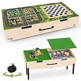 Kids Activity Table with Storage Organizers Compatible with Lego Building Block,3in1 Construction+Train+Chess Toddler Play Table with Wheels Foldable Tables Legs for Under Bed or Sofa Storage,Natural
