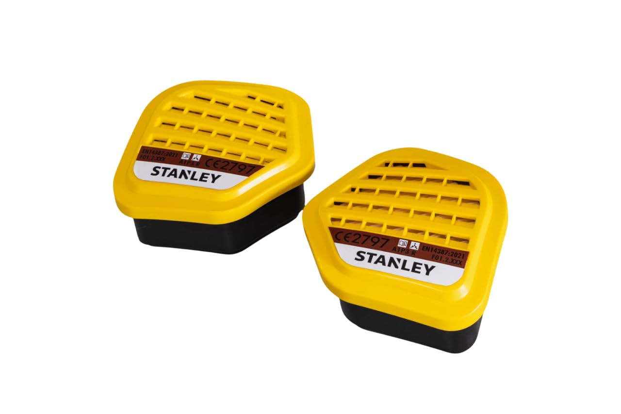 Stanley A1P3 Replacement Filters, Twin Pack for Half Mask Respirator, 99.97% Filtration for Organic Vapours, Solvents, Pesticides, Paint Fumes & Dust, Easy Fit Filters with Low Breathing Resistance