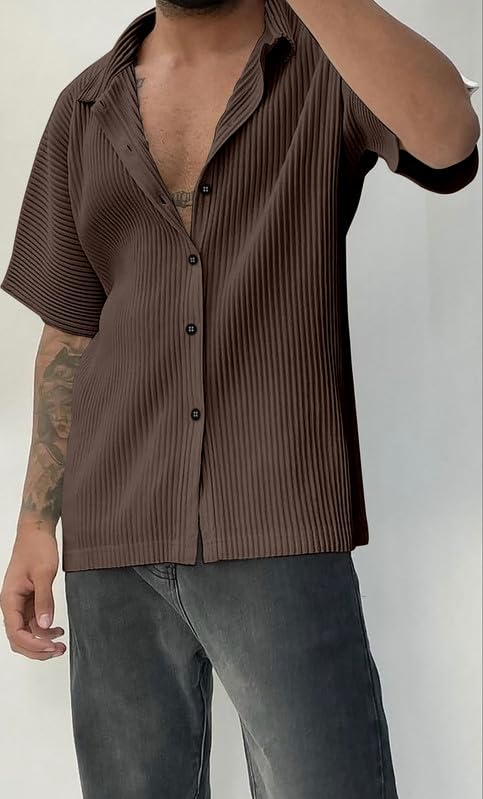 Image of MiraMichi Men's Regular Fit Long Shirt - Corduroy Fabric, Striped Pattern, Half Sleeves, Ideal for Casual