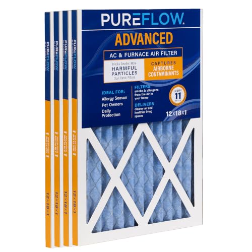PUREFLOW Home Air Filter MERV 11, 12x18x1 Furnace Filter, 4 Layer High Efficiency Filtration for Dust, Smoke, Fumes, Pollutants (4-Pack) by Premium Guard - Used condition - US$45.80