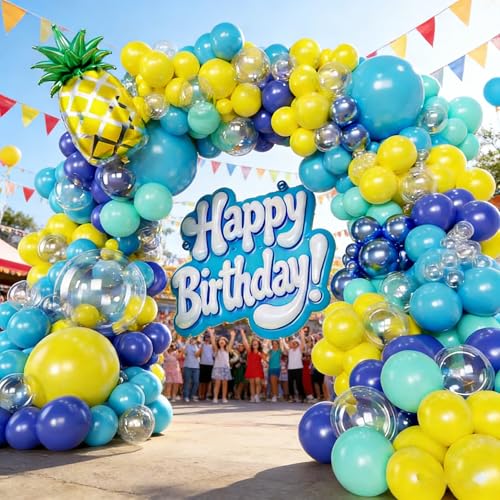 Image of 160pcs Cartoon Sponge Balloons Garland Arch Kit, Birthday Decorations Yellow Blue Clear Metallic Blue Teal Balloons and Pineapple Balloon Arch for Cartoon Birthday Baby Shower Party Decor