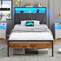 DICTAC Single Bed Frame with Upholstered Storage Headboard, Stable and Sturdy Metal Bed Frame with Charging Station & LED Lights, 90x190 cm Platform Bed Frame No Box Spring Needed, Noise Free, Modern