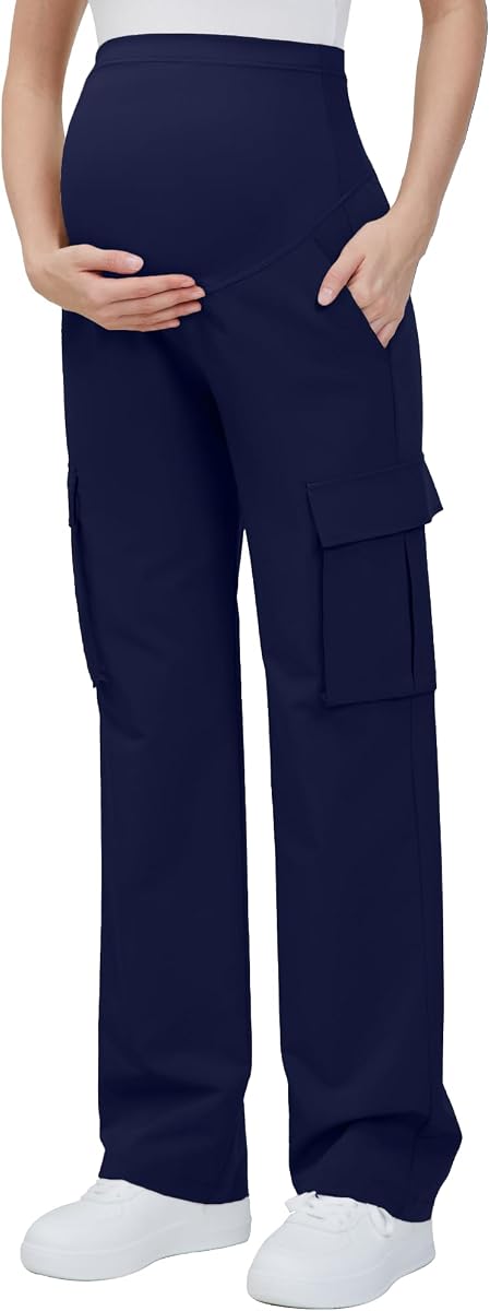 GLAMIX Women's Maternity Cargo Pants with Four Pockets Over The Belly Scrub Pants Pregnancy Clothes
